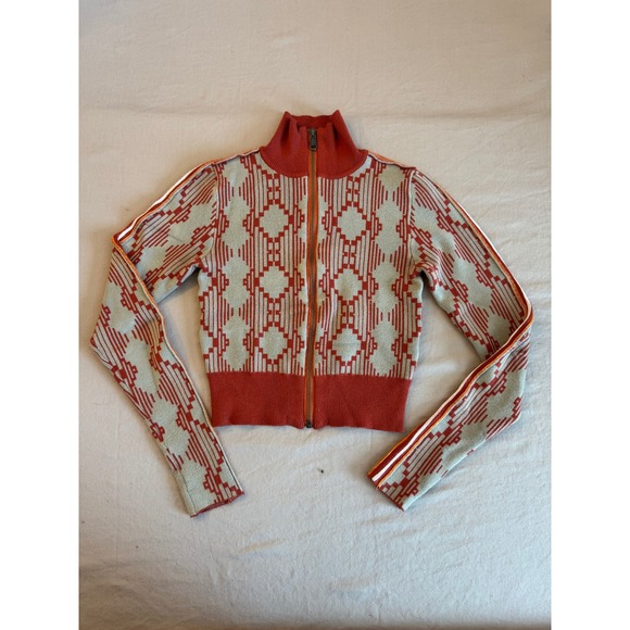 BDG Chandler Geometric Zip-up Sweater Knit Red Mock Neck Cropped Seen on TV Cozy - Picture 5 of 13